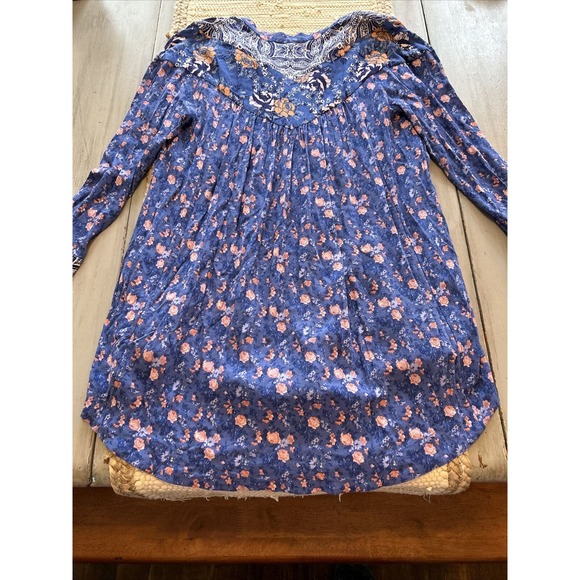 Free People Wildflower Fields Blue Orange Floral Tunic Top Sz S Bell Sleeve - Picture 7 of 12